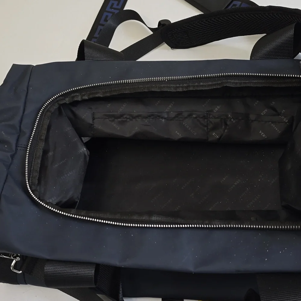 NWOT Versace Parfums Limited Edition Weekend Duffle Gym Bag Backpack Dark Blue
